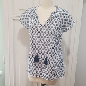 Talbots Blue and White Patterned Blouse with Tassels